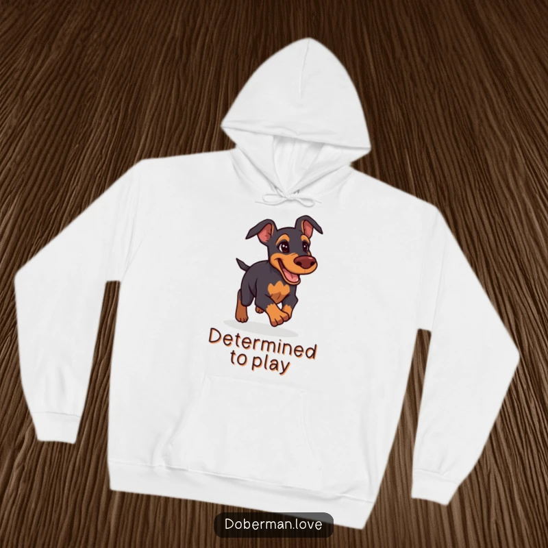 Funny Doberman Hoodie: Determined and friendly Doberman giving chase, comfortable and humorous hooded sweatshirt.