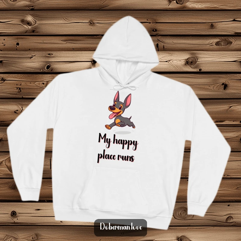 Funny Doberman Hoodie: Doberman running with tongue out in joyful abandon, comfortable and humorous hooded sweatshirt.
