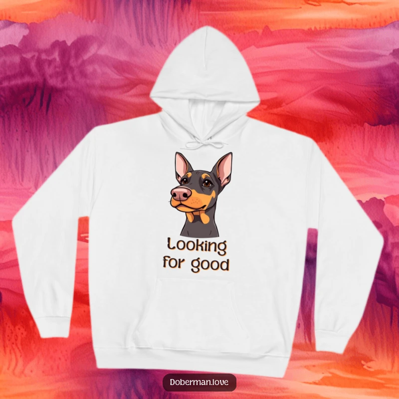 Funny Doberman Hoodie: Doberman with sharp but kind eyes looking upwards, comfortable and humorous hooded sweatshirt.