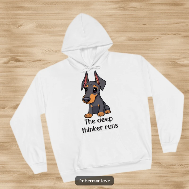 Funny Doberman Hoodie: Doberman with alert ears looking thoughtfully curious, a cozy and humorous hooded sweatshirt for dog lovers.