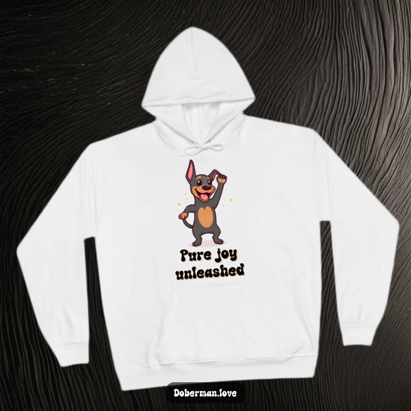 Funny hoodie design of a joyful Doberman dog caught mid-tail wag dance, radiating happiness and energy, perfect for cozy wear.
