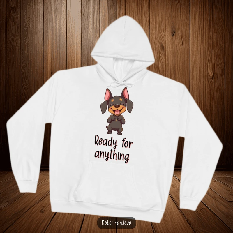 Funny Doberman hoodie featuring a joyful dog with eyes closed, performing a playful bow, radiating happiness and charm.