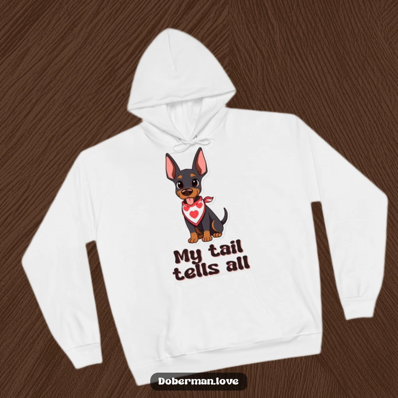 Funny Doberman Hoodie featuring a kawaii doberman puppy in a cute bandana, its tail wagging happily, offering warmth and joy.