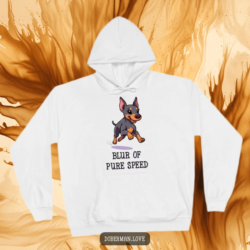 Funny little Doberman hoodie with a sleek coat running with speed, offering warmth and humorous athletic style.