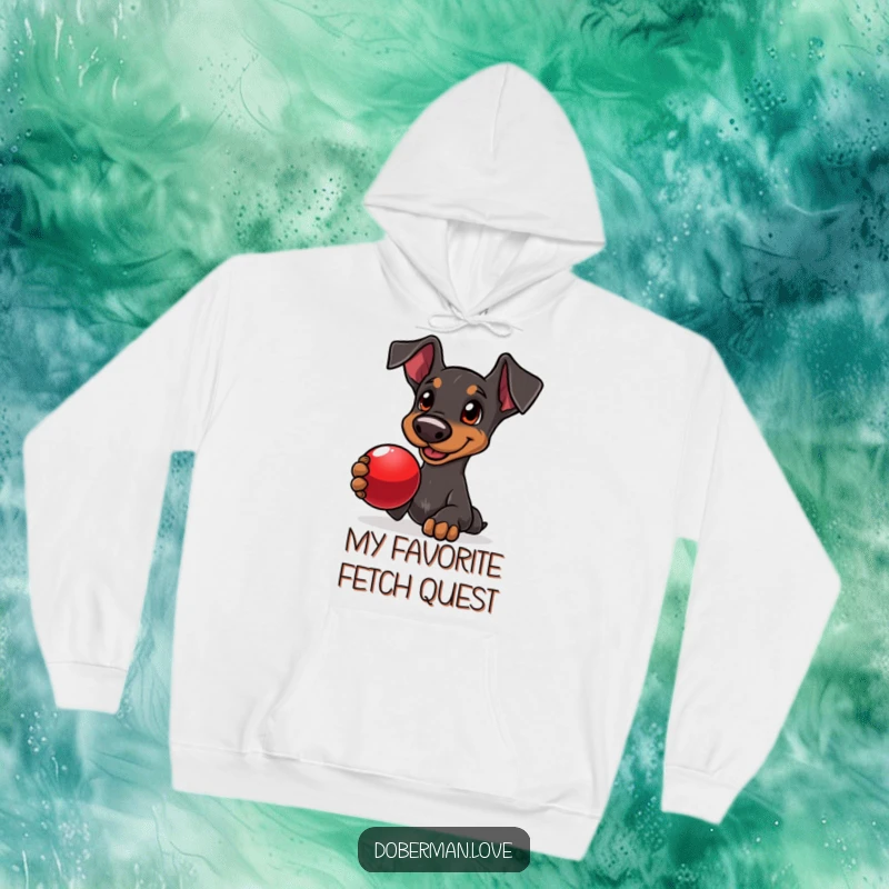 Funny Doberman hoodie depicting a delighted dog with adoring eyes, presenting a shiny red ball, ready to play.