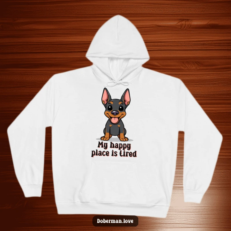 Funny Doberman hoodie depicting a joyful dog panting happily with its tongue extended after a vigorous exercise session.