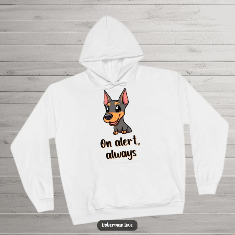 Funny smiling Doberman hoodie, alert and ready for action, providing warmth and humorous vigilance.