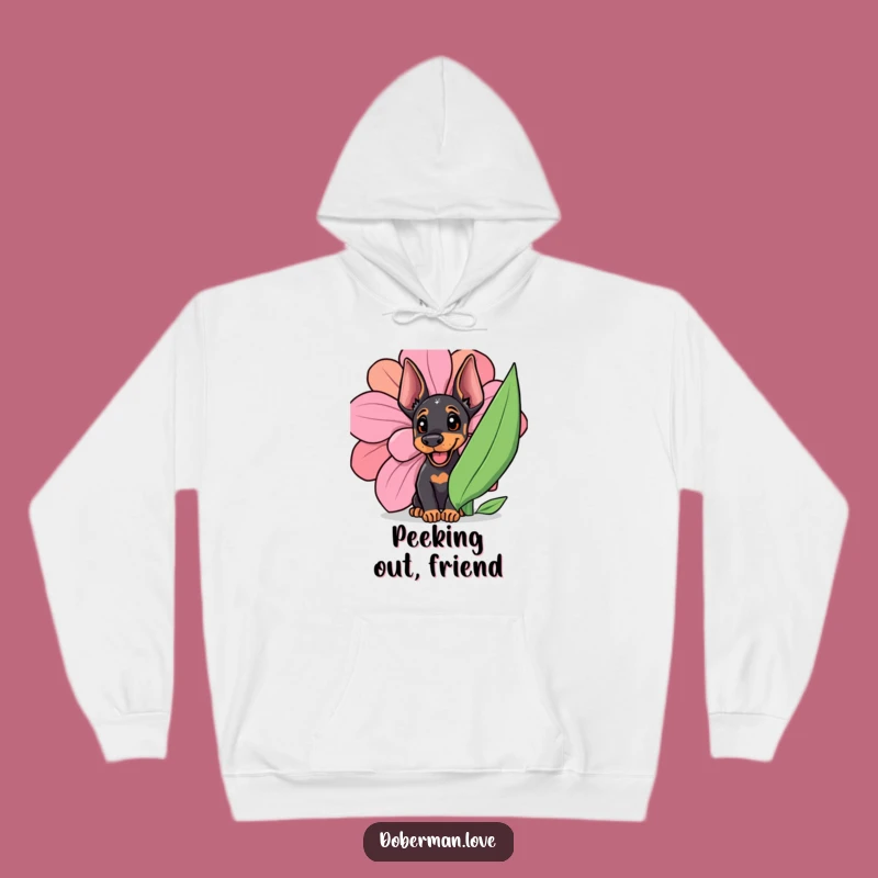 Cozy Funny Doberman Cub Hoodie: Happy Puppy Peeking Behind a Huge Flower!