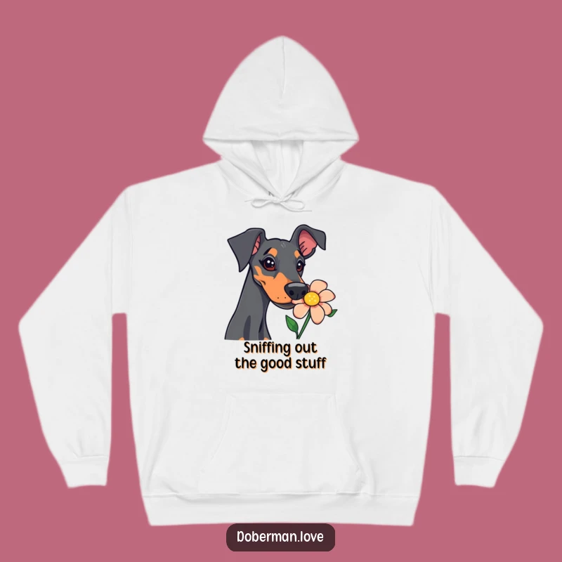 Funny Doberman Sniffing Flower Hoodie: Cozy and Hilarious Canine Comfort