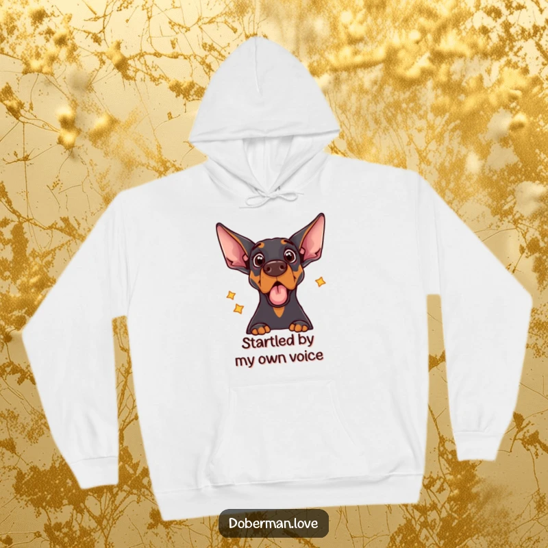 Funny hoodie featuring a Doberman dog with a comically shocked and surprised facial expression, reacting to its own echo.
