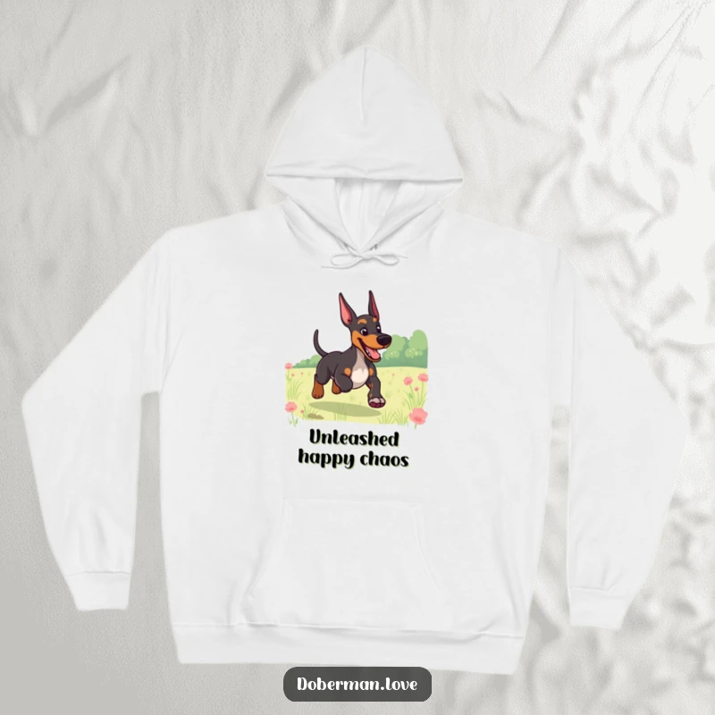Funny hoodie with a giggling Doberman and a wagging tail, running joyfully through a sun-drenched field, perfect for dog lovers.