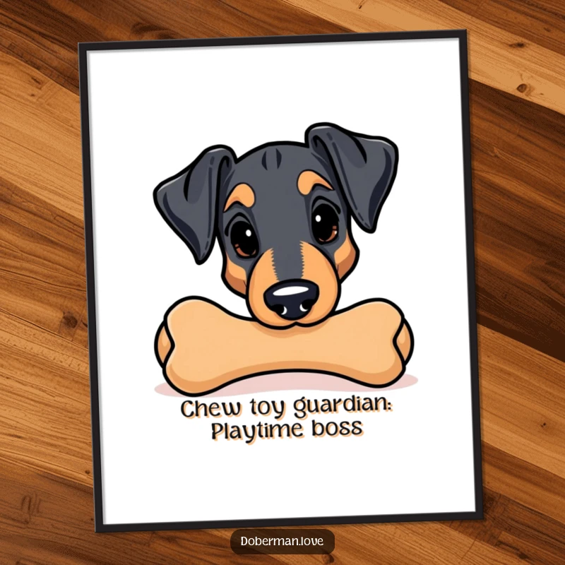 Funny Free Printable Wall Art: A Kawaii Doberman peeking from behind a large chew toy, adding a playful element to any room.
