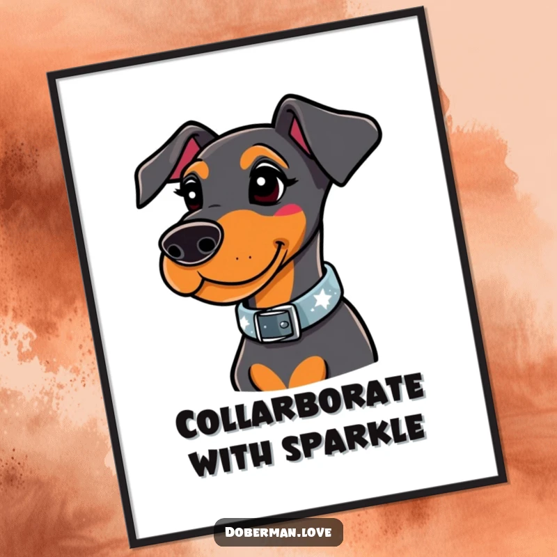 Funny Free Printable Wall Art: A whimsical Doberman sporting a super stylish collar that sparkles with light.