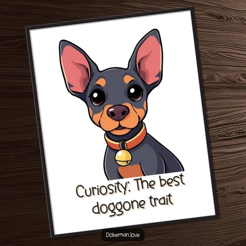Funny Free Printable Wall Art: Kawaii Doberman with bell collar, curious gaze, adorable dog illustration.