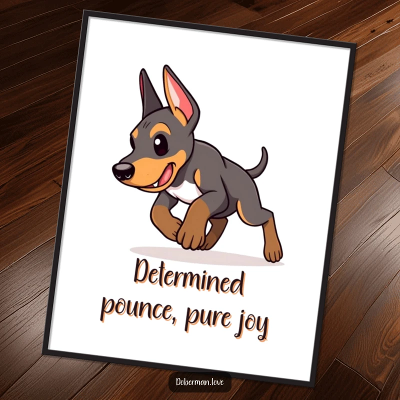 Funny free printable wall art of an energetic Doberman puppy captured mid-pounce with intense focus and determination.