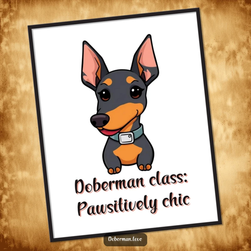 Funny Free Printable Wall Art: A proud Kawaii Doberman dog with a stylish collar, exuding confidence and adorable personality.