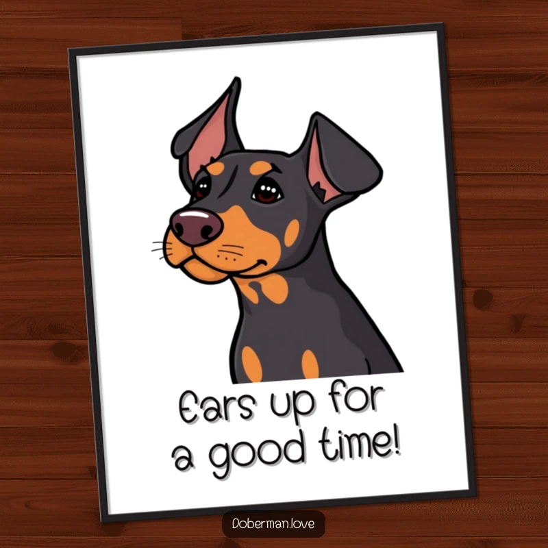 Funny Free Printable Doberman Wall Art: A cute Doberman dog with ears perked, listening intently, bringing playful energy to the room.