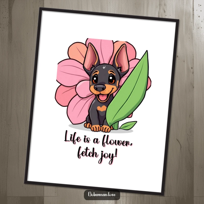 Funny Free Printable Doberman Wall Art: A happy Doberman cub peeking curiously from behind a giant, colorful flower, adding cheer.