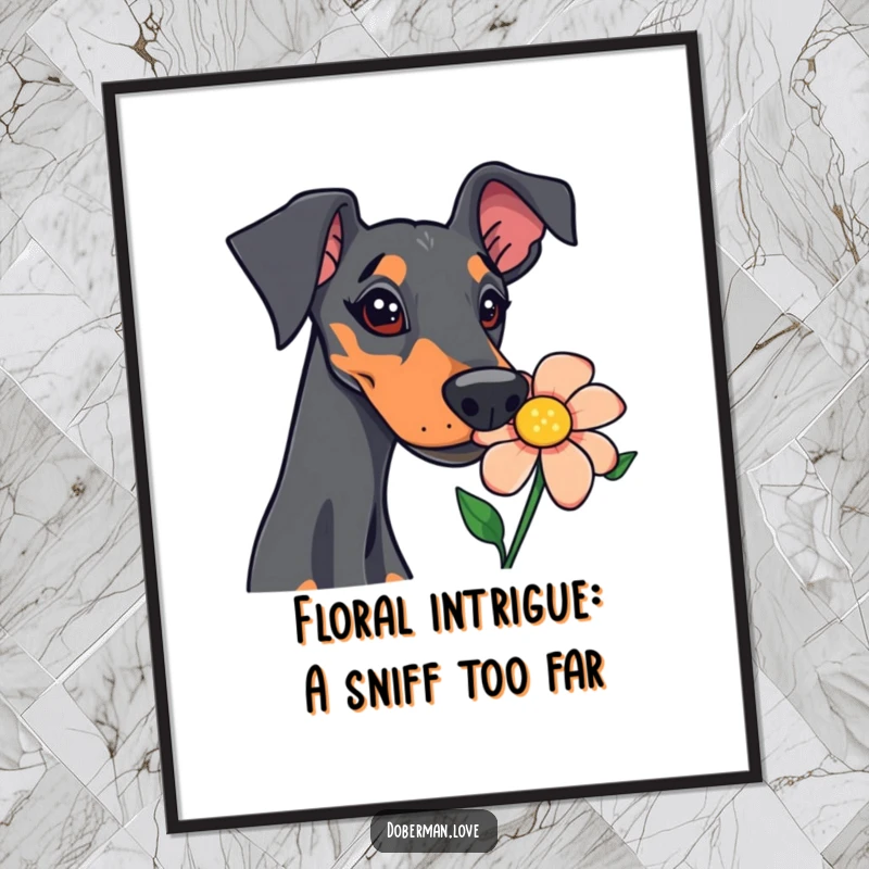Funny Free Printable Doberman Wall Art: Curious Doberman with alert ears sniffing a detailed, vibrant flower.
