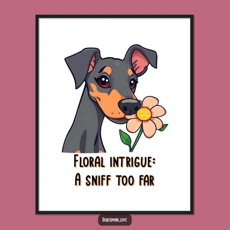 Free Printable Doberman Wall Art: Curious Dog Sniffing Flower, Funny Downloadable Poster