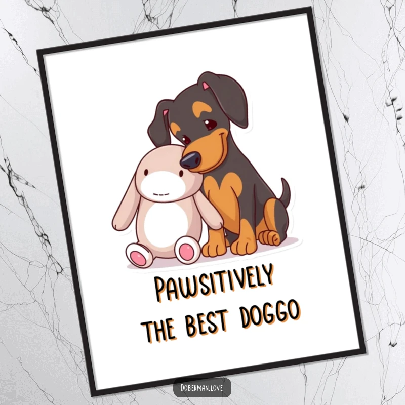 Funny Free Printable Wall Art: A doberman's happy nudge towards a soft toy, bringing joy to your decor.