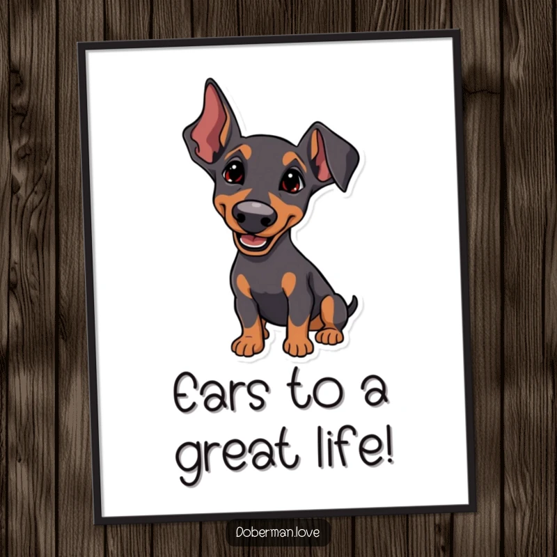Funny Free Printable Doberman Wall Art of a dog intently listening with perked ears and a sweet, happy head tilt.