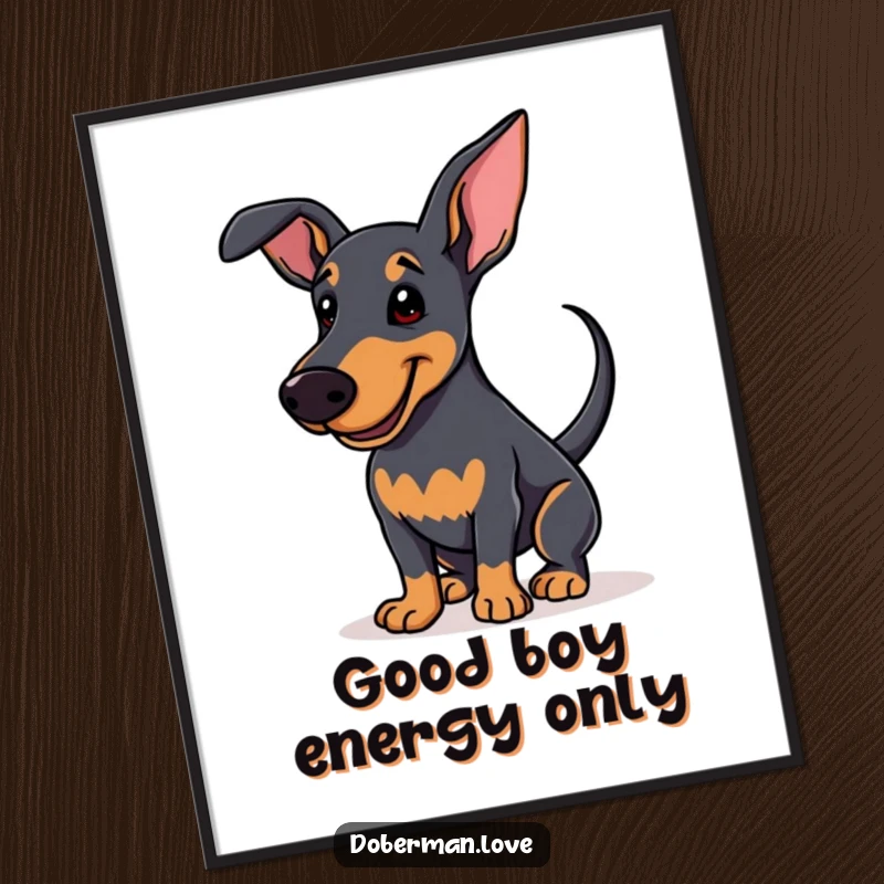 Funny Free Printable Doberman Wall Art of a dog wagging its tail with pure happiness and a sweet smile.