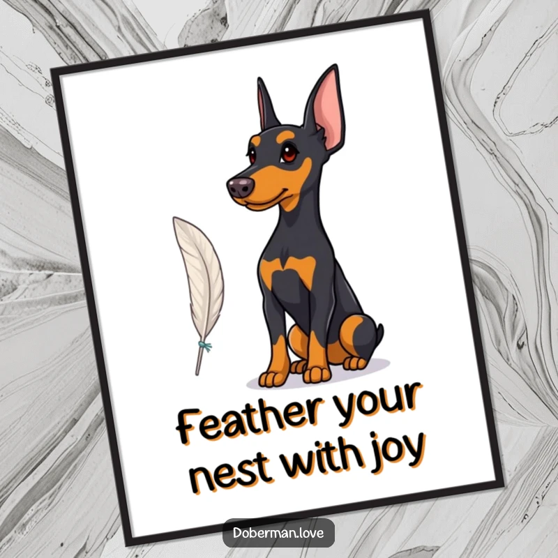 Funny Free Printable Doberman Wall Art capturing a proud dog's serene focus on a gently fluttering feather.
