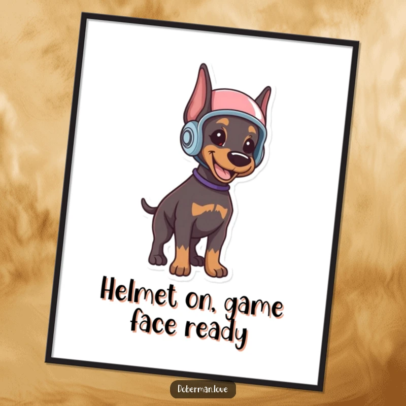 Funny free printable wall art of a smiling Doberman puppy wearing a small helmet, standing alert and looking cute.