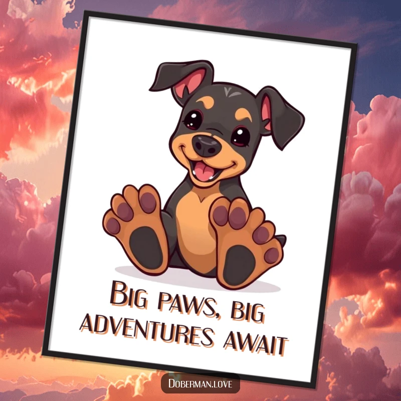 Funny Free Printable Wall Art: Kawaii doberman puppy with comically large paws, enthusiastically playing, bringing joyful energy.