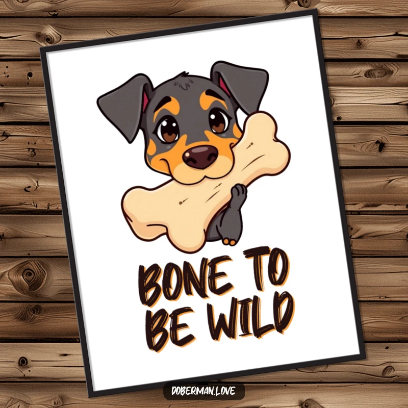 Funny Free Printable Wall Art: Kawaii Doberman with wide, curious eyes intently sniffing a comically giant bone