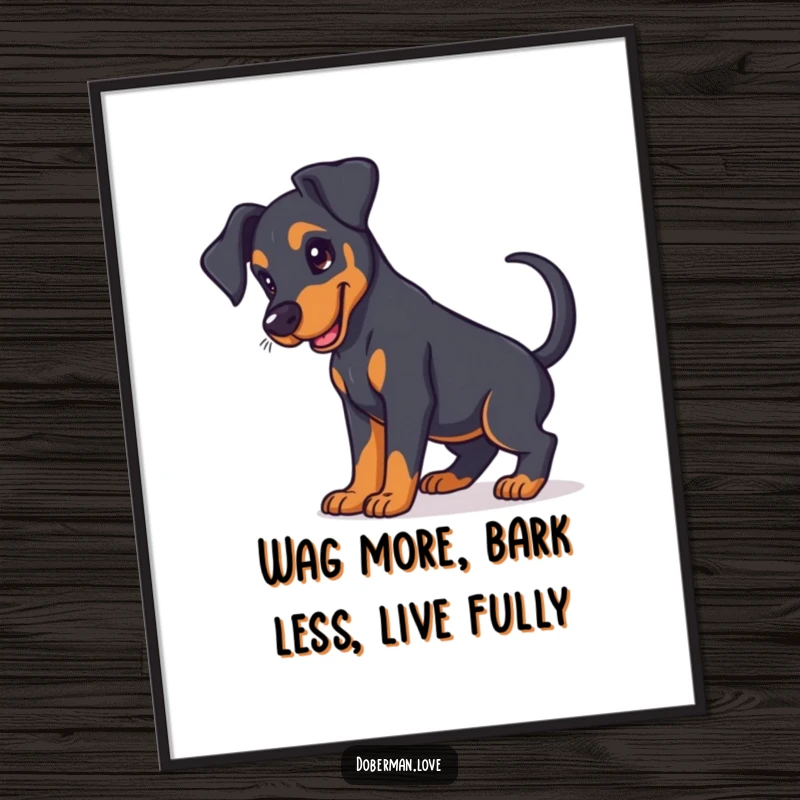 Funny Free Printable Wall Art: A cute Doberman puppy with floppy ears, enthusiastically wagging its tail.