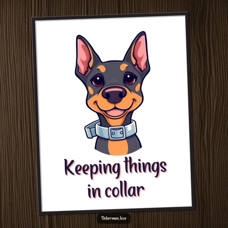 Funny Free Printable Wall Art: Kawaii Doberman showcasing incredible balance with a shiny collar on its nose.
