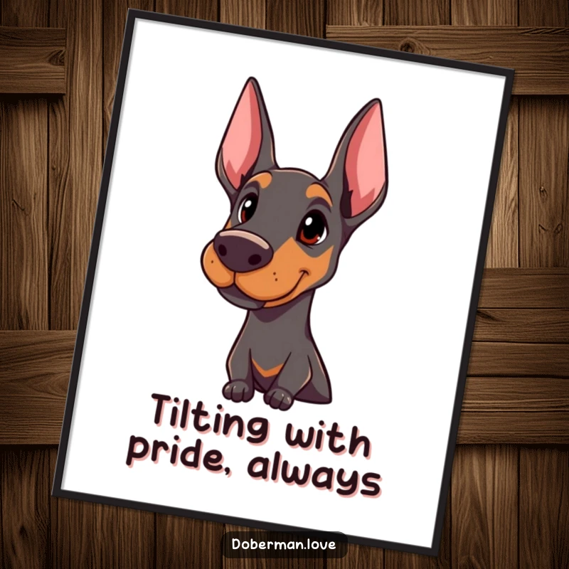 Funny Free Printable Wall Art: A friendly Doberman giving a proud, attentive head tilt. Elegant dog portrait, unique decor.