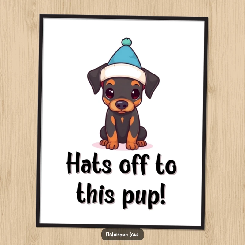 Funny Free Printable Wall Art: A cute Doberman puppy wearing a comically small hat, bringing smiles.