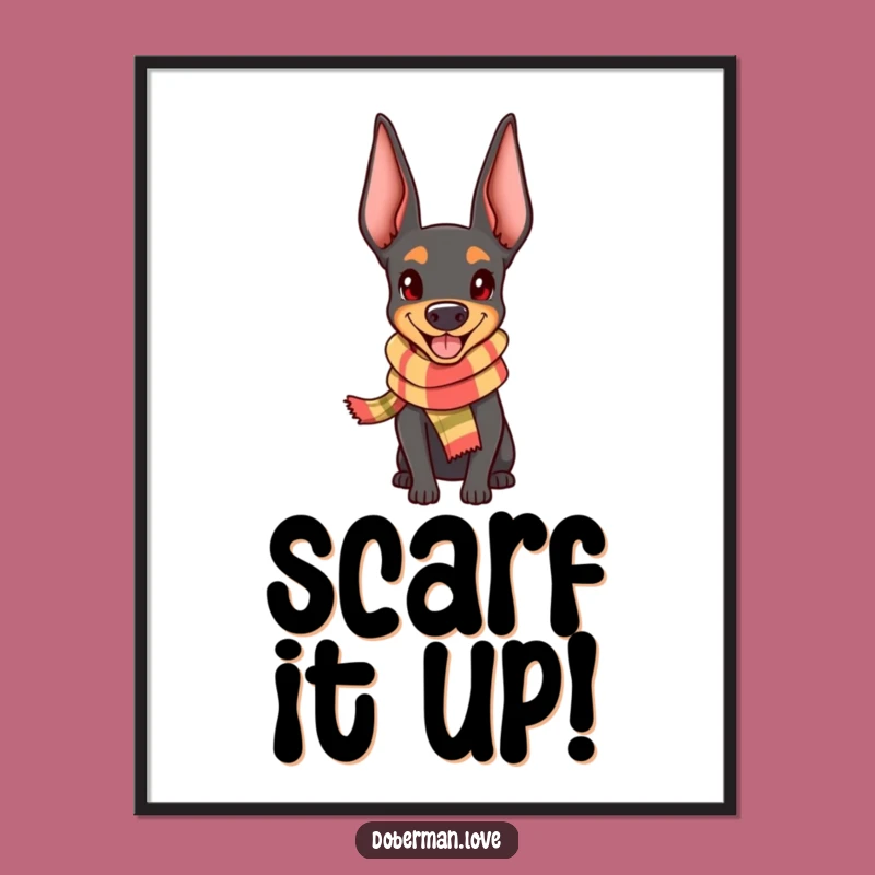 Free Printable Wall Art: Happy Kawaii Doberman in Scarf for Cozy Decor