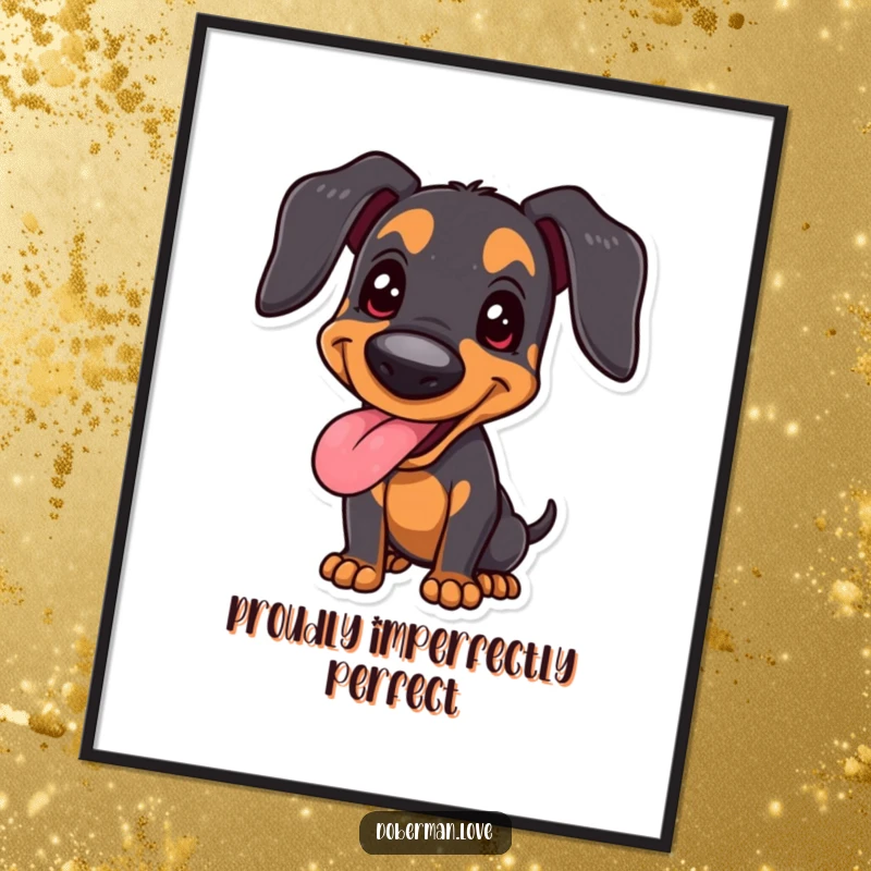 Funny Free Printable Wall Art showing a joyful doberman, panting happily with a proud and satisfied stance.