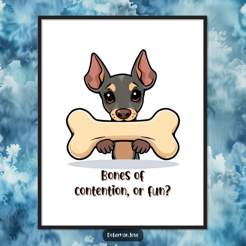 Funny Free Printable Wall Art: A cute kawaii Doberman peeking playfully from behind an oversized, stylized bone.
