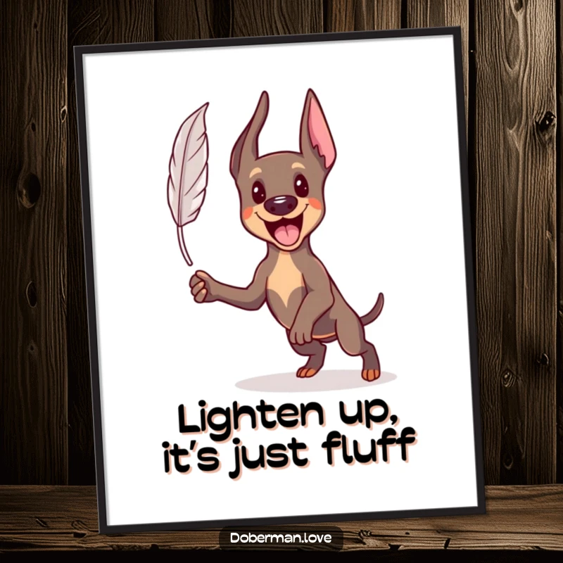 Funny Free Printable Wall Art: An energetic kawaii Doberman in mid-pounce, focused on a single floating feather.