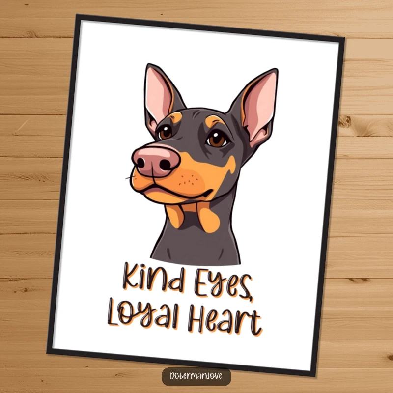 Funny Free Printable Wall Art: Doberman with sharp but kind eyes looking upwards, perfect for gentle home decor.