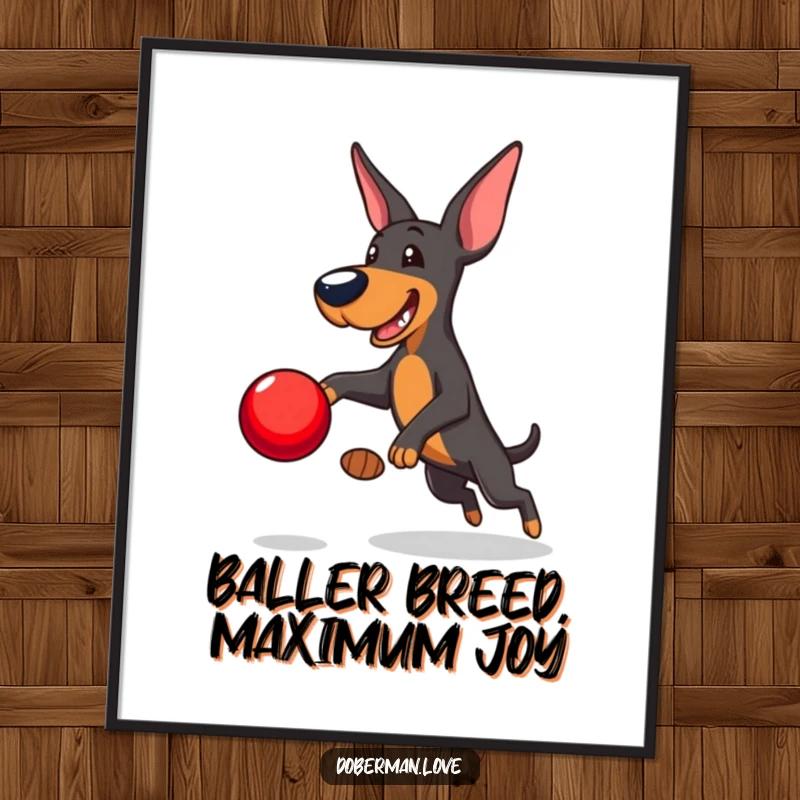 Funny Free Printable Wall Art: Playful Doberman leaping to catch a shiny red ball, full of dynamic energy.