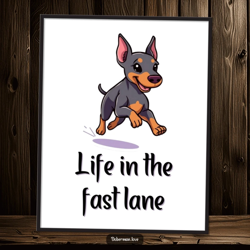 Funny Free Printable Wall Art showing a sleek doberman with a shiny coat, running with incredible speed and agility.