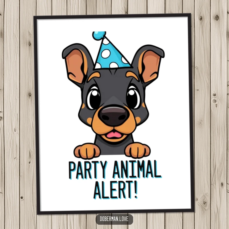 Funny Free Printable Wall Art: Kawaii Doberman wearing a party hat, with a comically surprised expression, perfect for decor