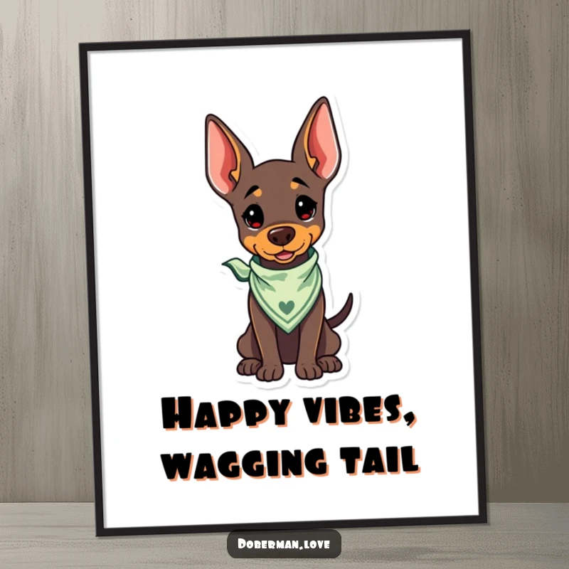 Funny Free Printable Wall Art: Kawaii Doberman wearing a bandana, tail wagging, happy dog illustration.