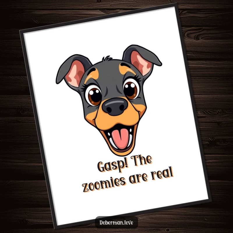 Funny Free Printable Doberman Wall Art: A Doberman with immense, surprised eyes and a wide-open mouth.
