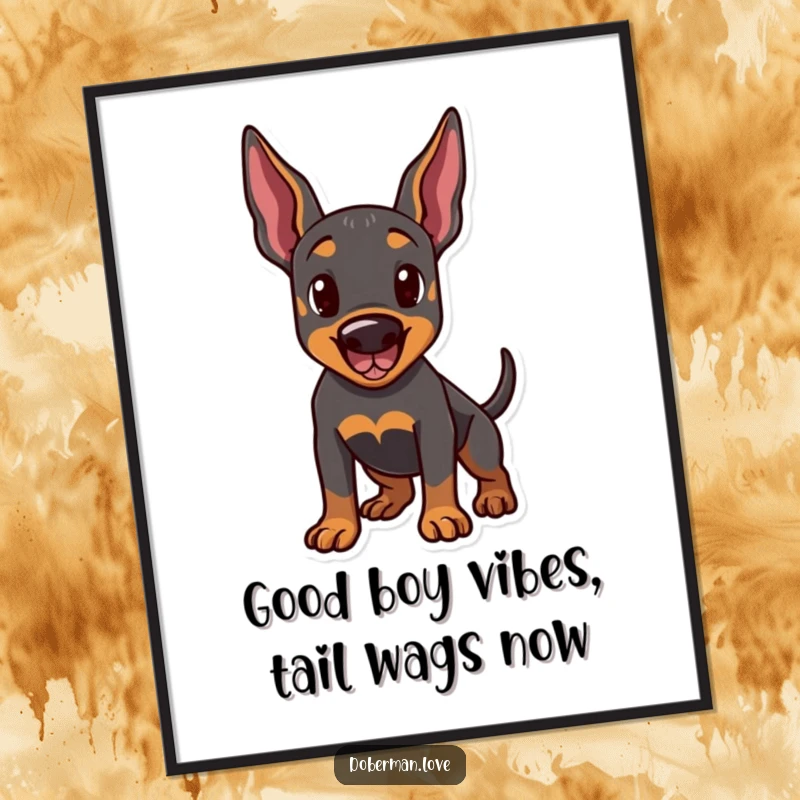 Funny Free Printable Wall Art: A Doberman with a playful stance, ears alert and tail wagging, radiating cheerful energy.