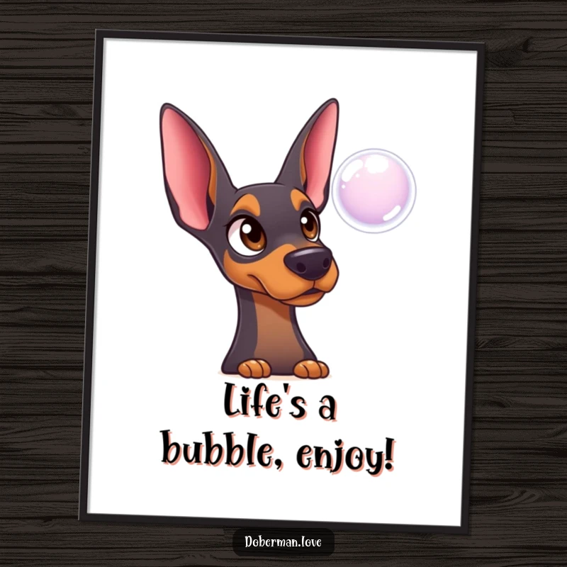 Funny Free Printable Wall Art: A surprised Doberman with wide eyes intently watching a floating bubble.