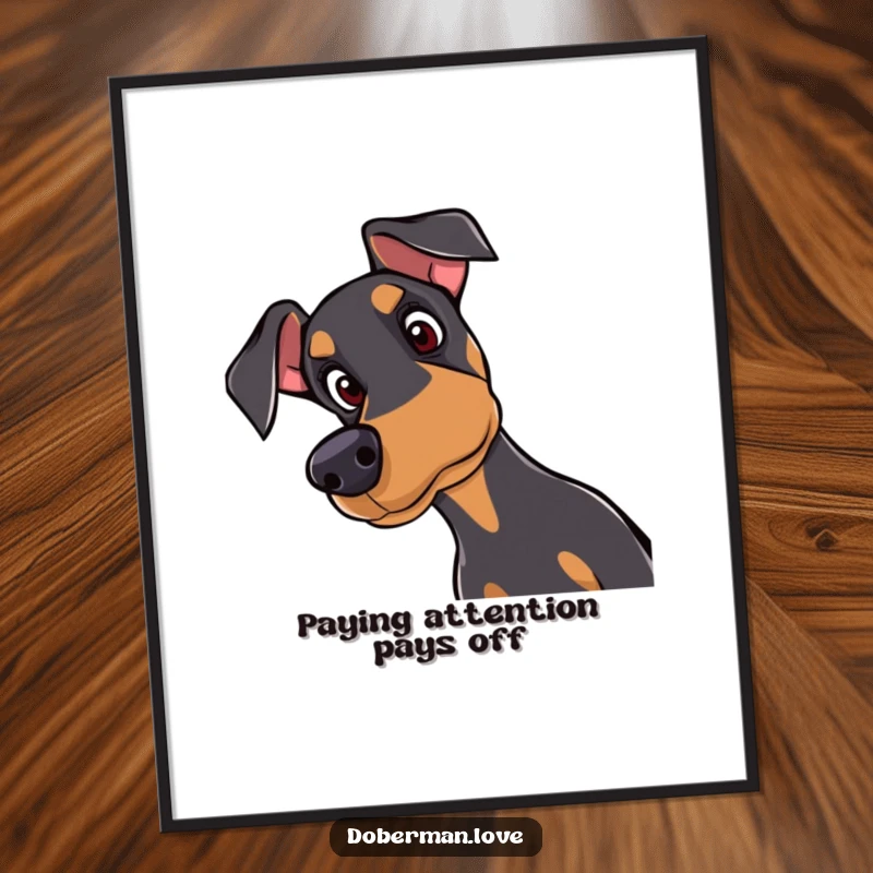 Free Printable Wall Art: A curious Doberman tilts its head, its attentive eyes full of warmth and interest, a charming piece.