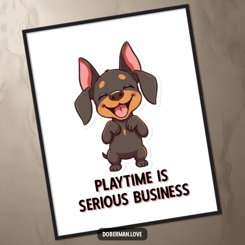 Funny Free Printable Doberman Wall Art: Joyful dog with closed eyes performing a playful bow, downloadable cute decor.