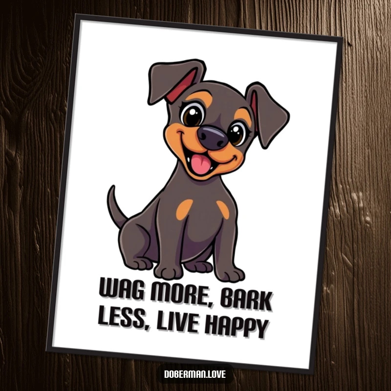 Funny Free Printable Kawaii Doberman Wall Art, wide excited eyes, wagging its tail vigorously, radiating pure joy and energy.